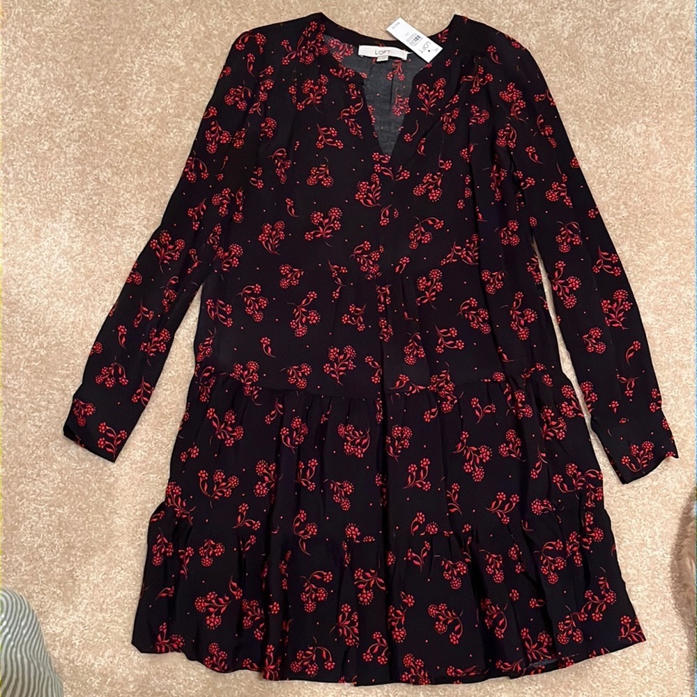 Tiered Floral Split Neck Long Sleeve Dress
